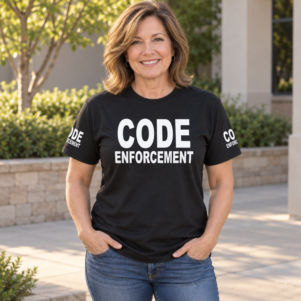 Code Enforcement Front and Sleeve Lettering — Black T-Shirt — lifestyle alt