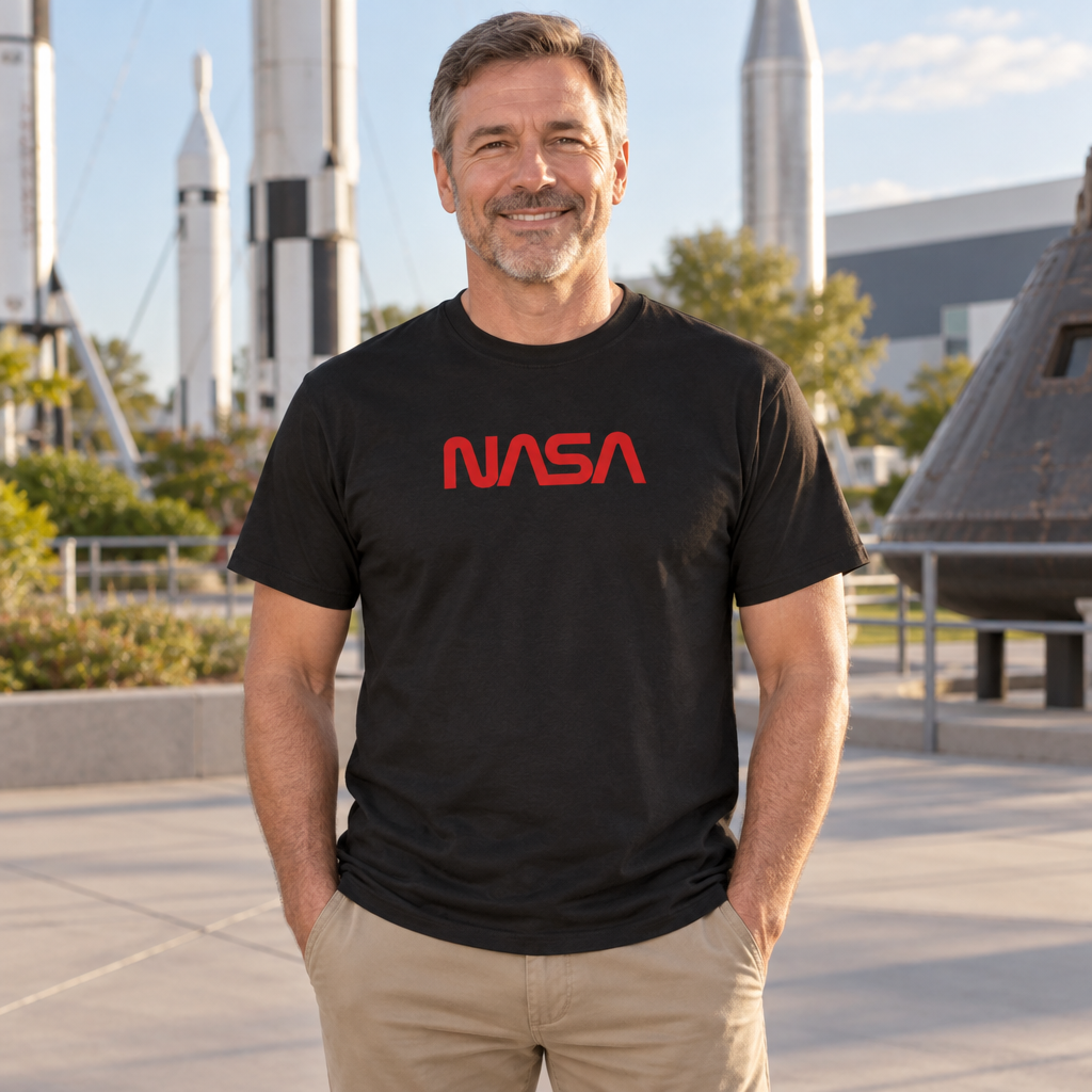 NASA Red Worm Lettering — Black T-Shirt — lifestyle alt