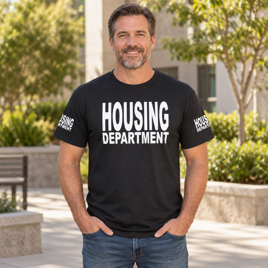 Housing Department Front and Sleeve Lettering — Black T-Shirt — lifestyle alt
