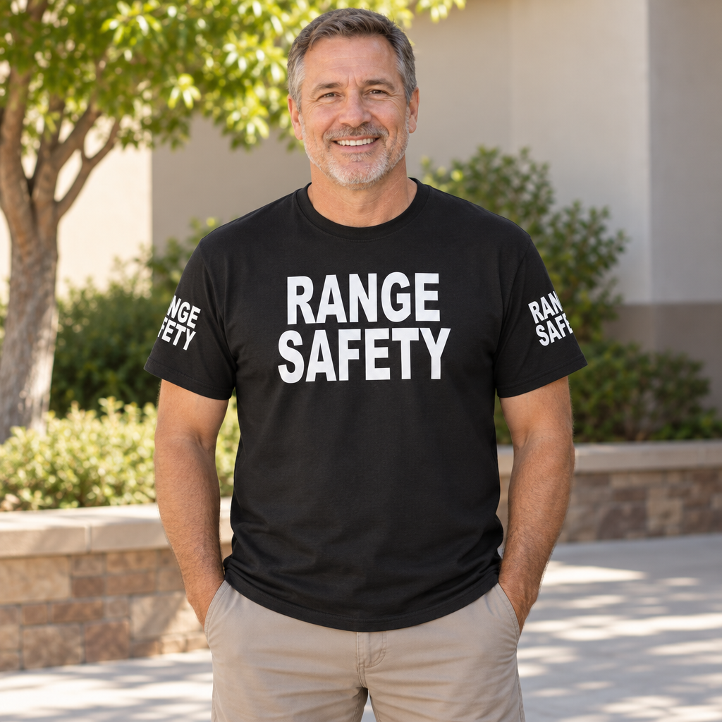 Range Safety Front and Sleeve Lettering — Black T-Shirt — lifestyle alt