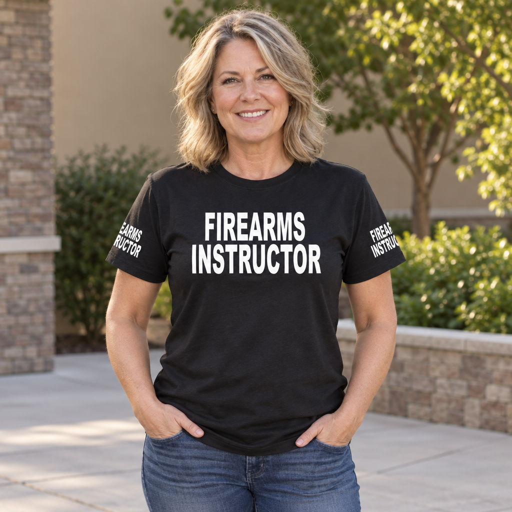Firearms Instructor Front and Sleeve Lettering — Black T-Shirt — lifestyle alt