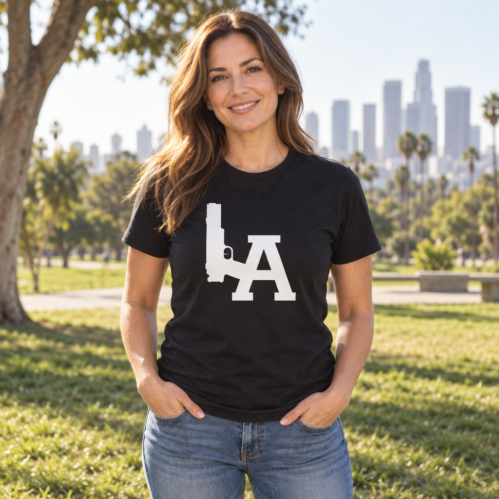 LA Lettering Graphic — Black T-Shirt — lifestyle alt