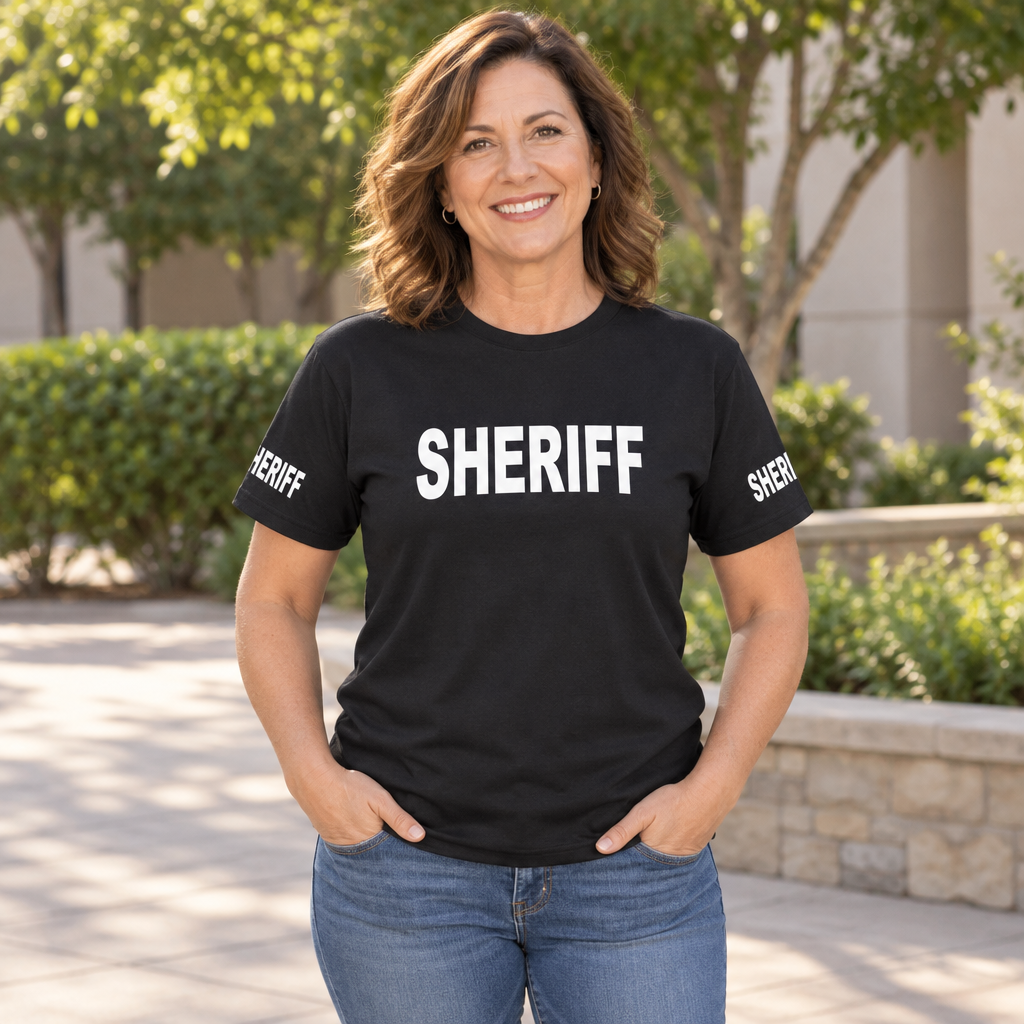Sheriff Front and Sleeve Lettering — Black T-Shirt — lifestyle alt