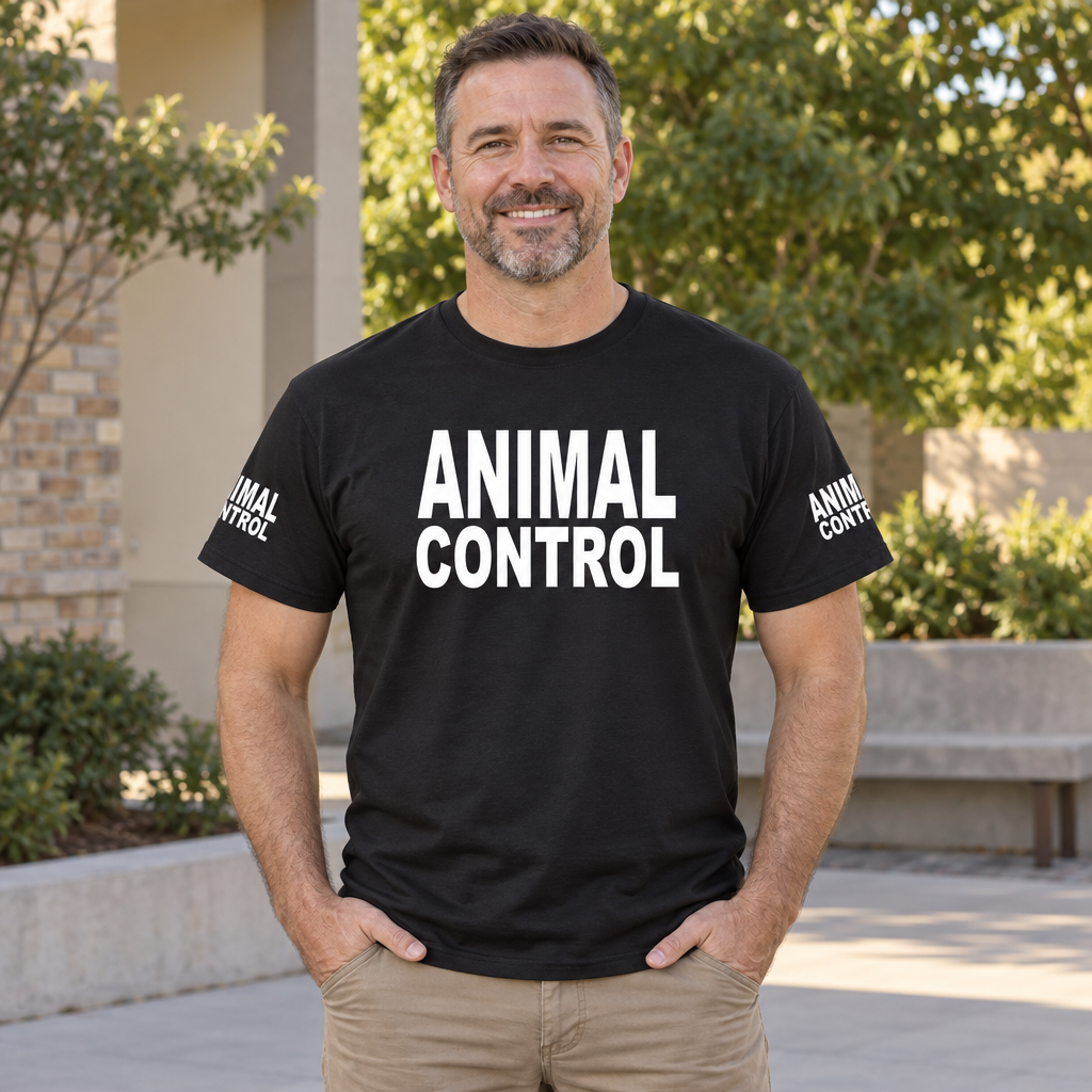 Animal Control Front and Sleeve Lettering — Black T-Shirt — lifestyle alt