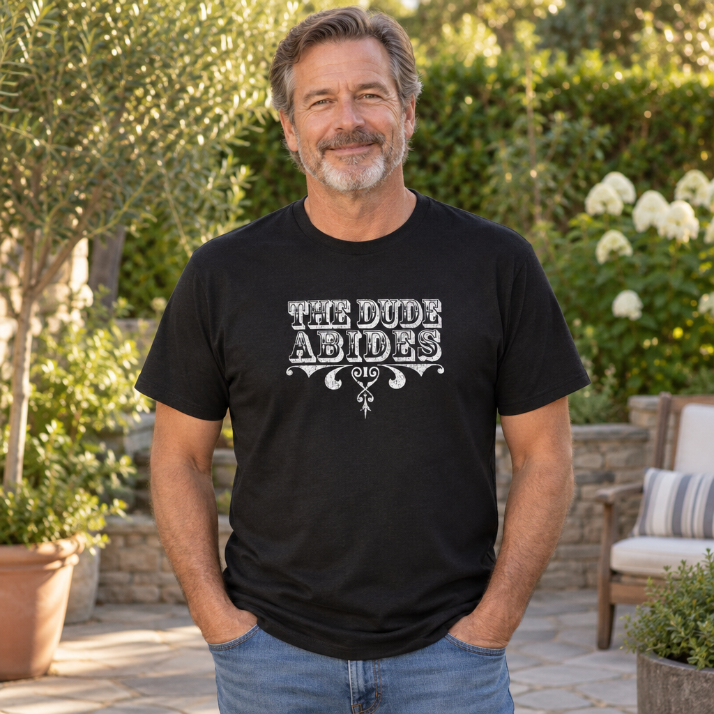 The Dude Abides Decorative Lettering — Black T-Shirt — lifestyle alt