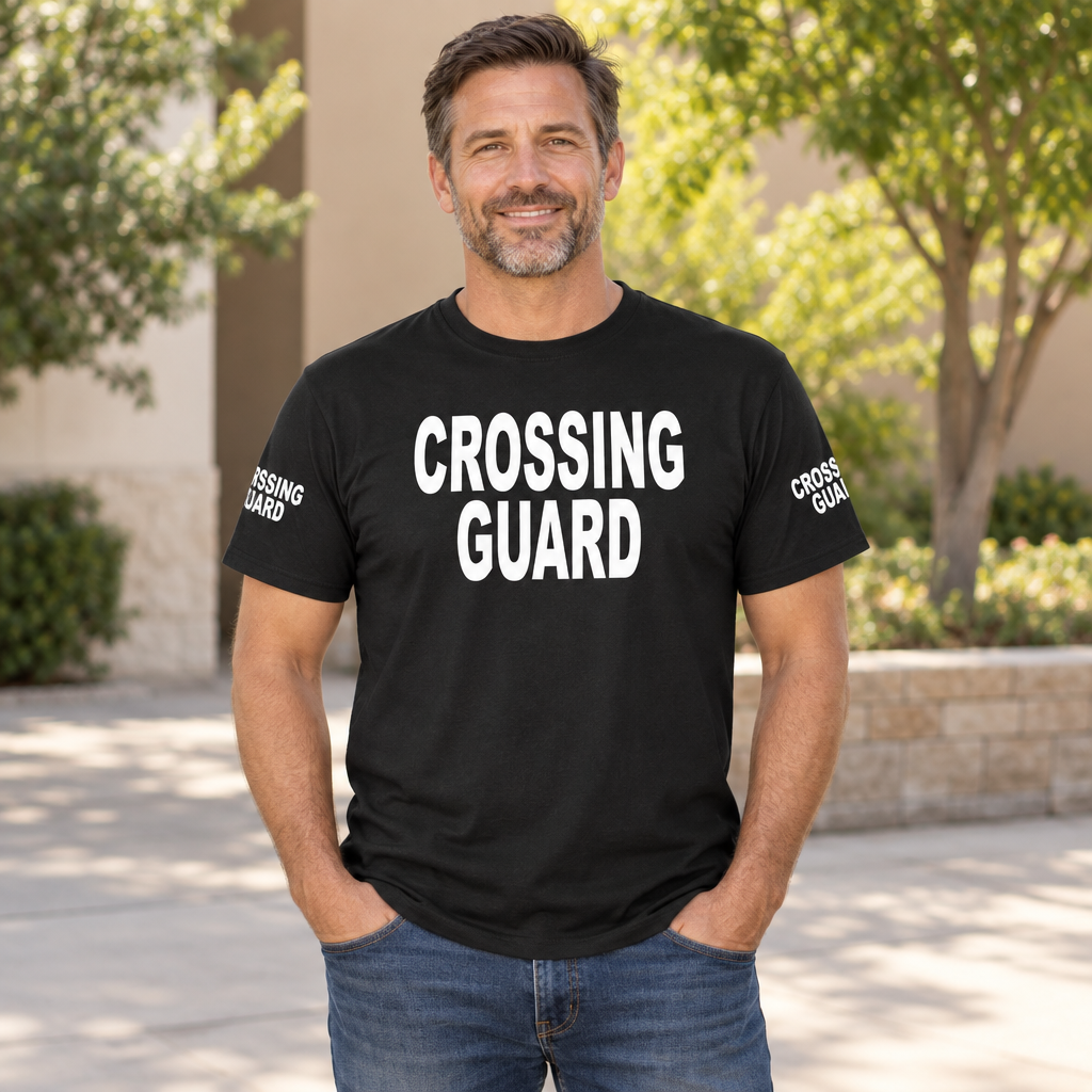 Crossing Guard Front and Sleeve Lettering — Black T-Shirt — lifestyle alt