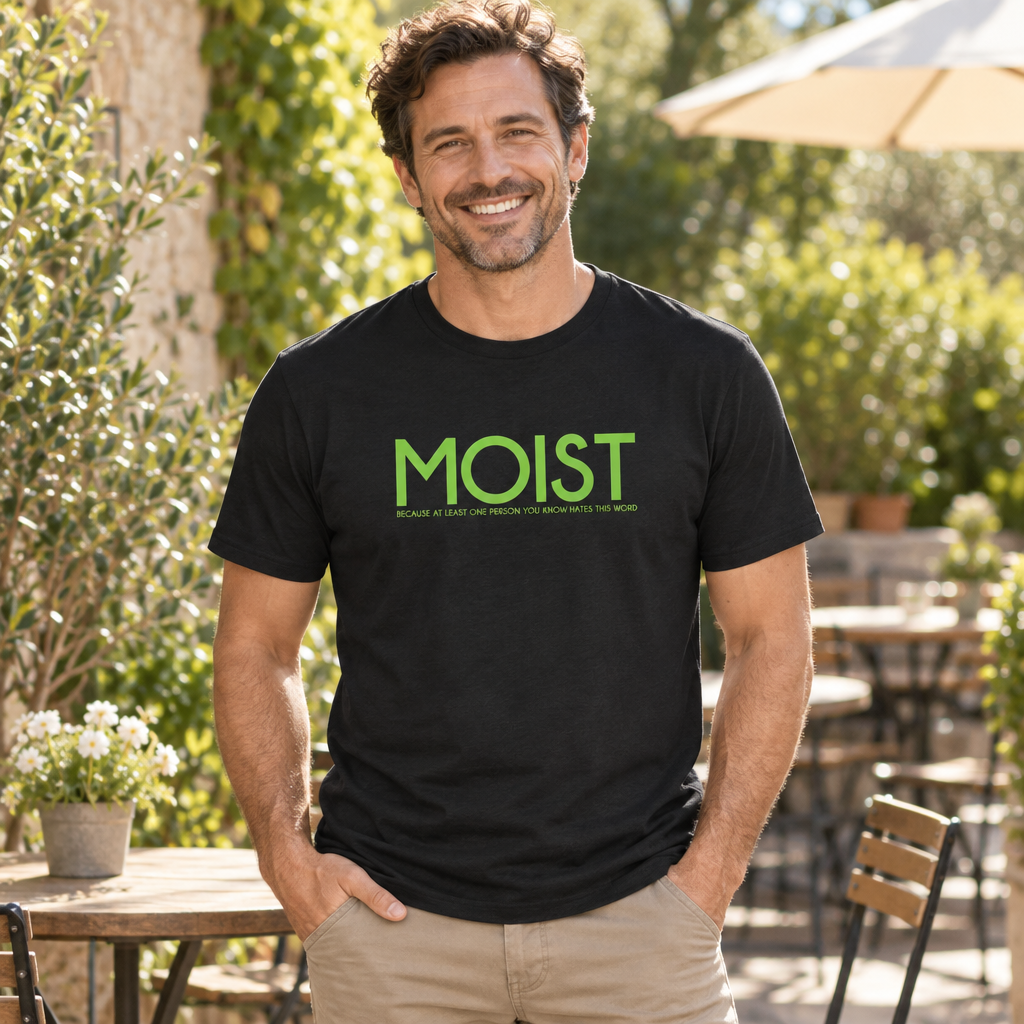 Moist Green Lettering — Black T-Shirt — lifestyle alt