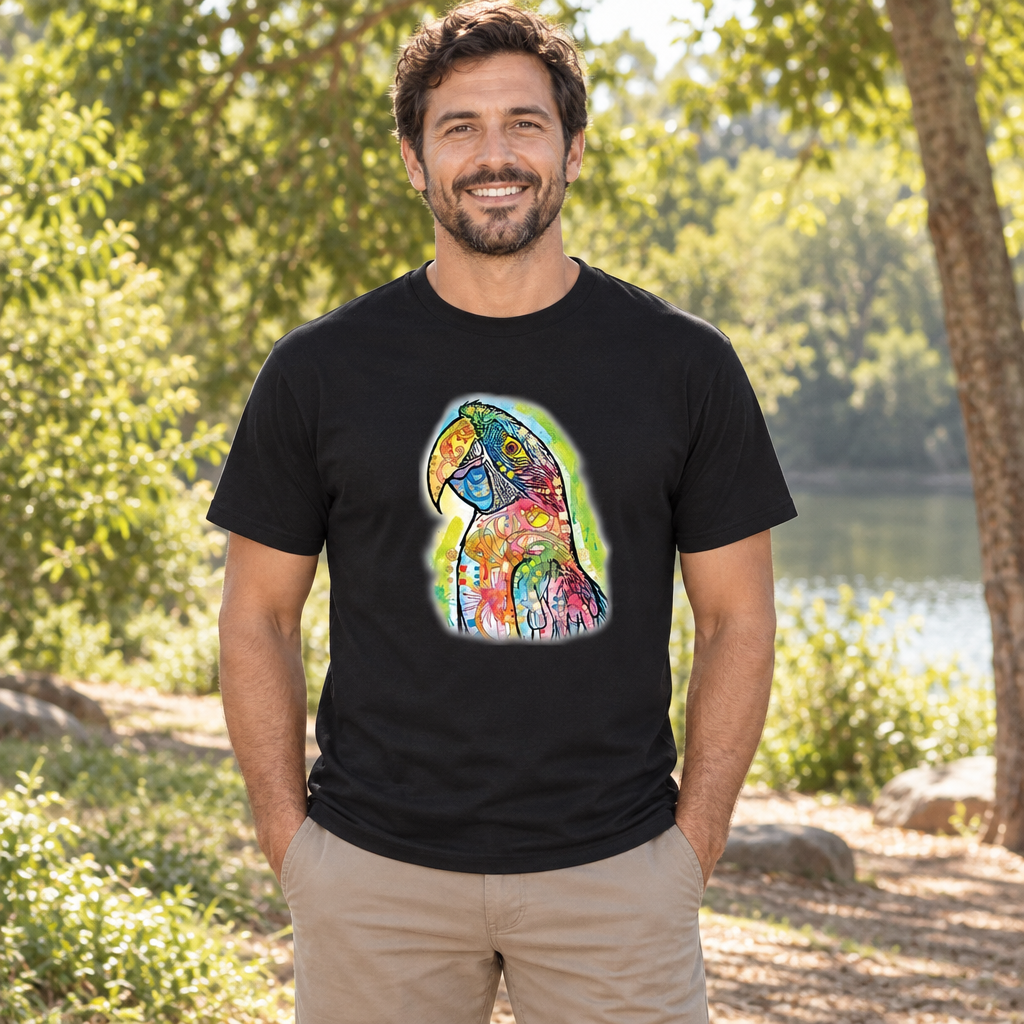 Colorful Macaw — Black T-Shirt — lifestyle alt