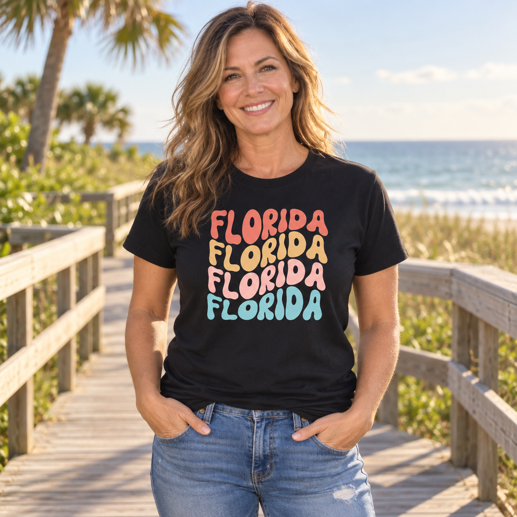 Florida Colorful Lettering — Black T-Shirt — lifestyle alt