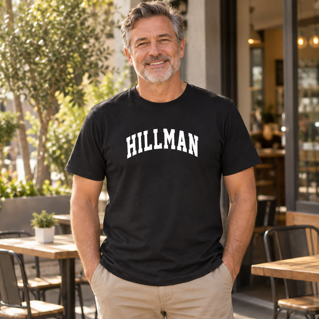 Hillman Collegiate Lettering — Black T-Shirt — lifestyle alt