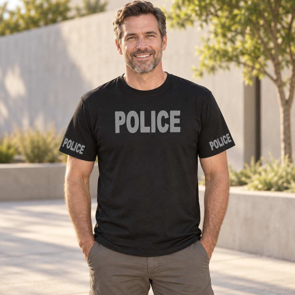 Police Front and Sleeve Print — Black T-Shirt — lifestyle alt