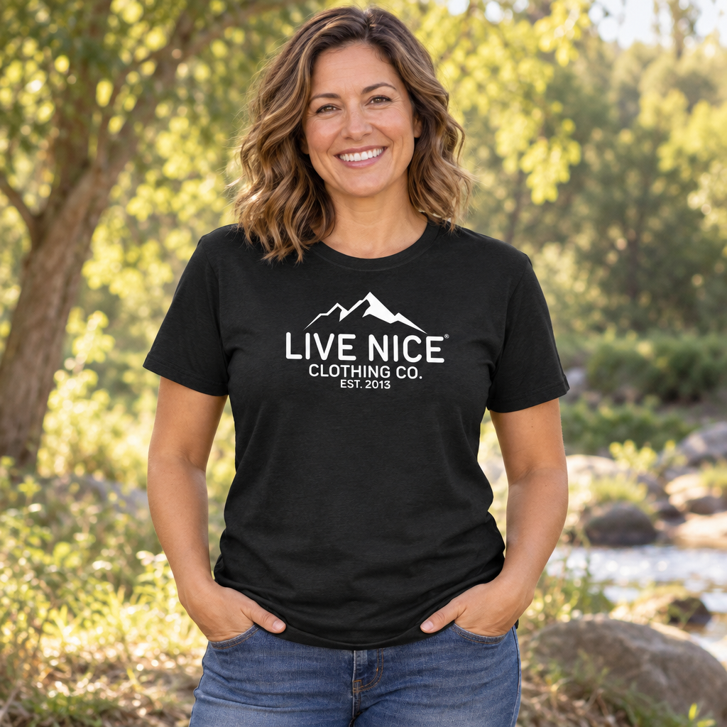 Live Nice Mountain Logo — Black T-Shirt — lifestyle alt