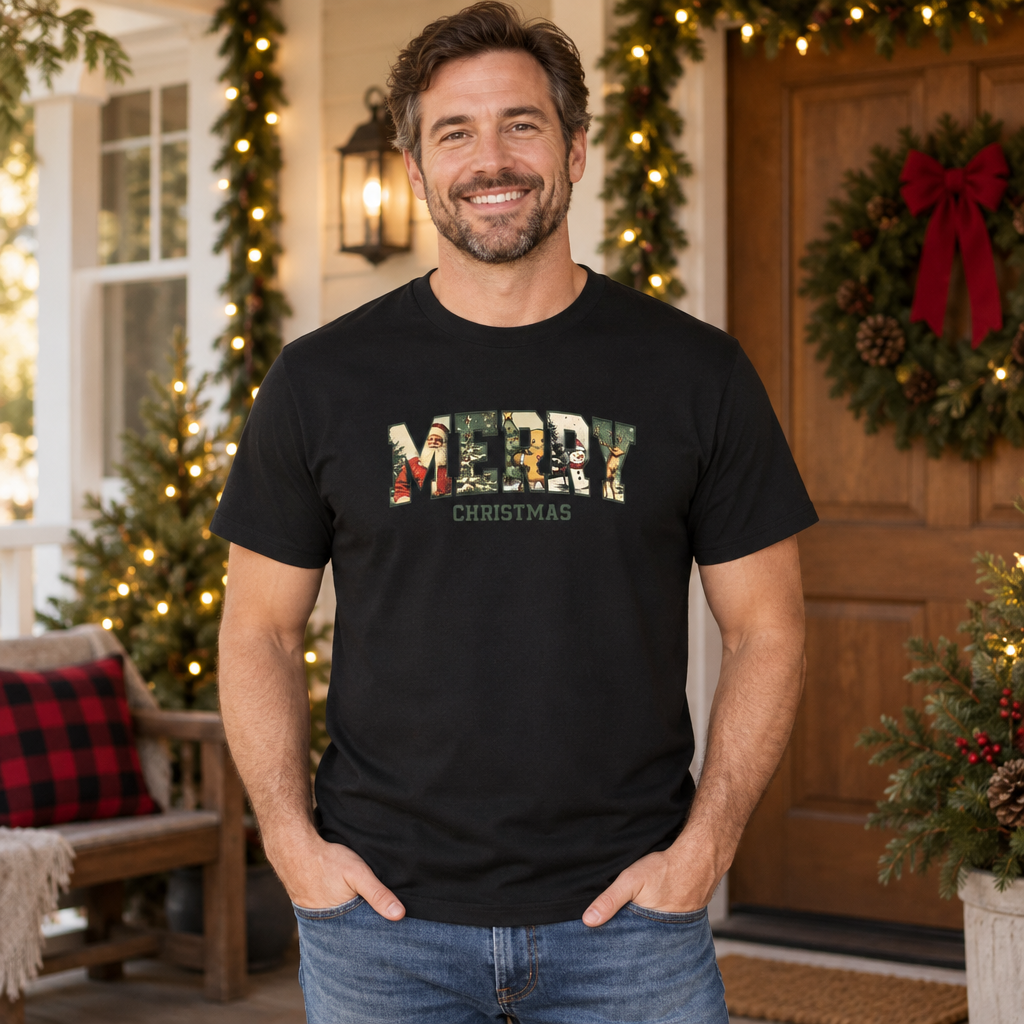 Vintage Merry Christmas — Black T-Shirt — lifestyle alt