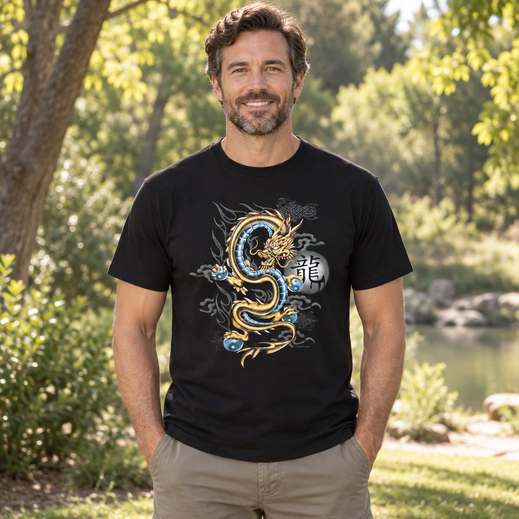 Blue and Gold Dragon — Black T-Shirt — lifestyle alt