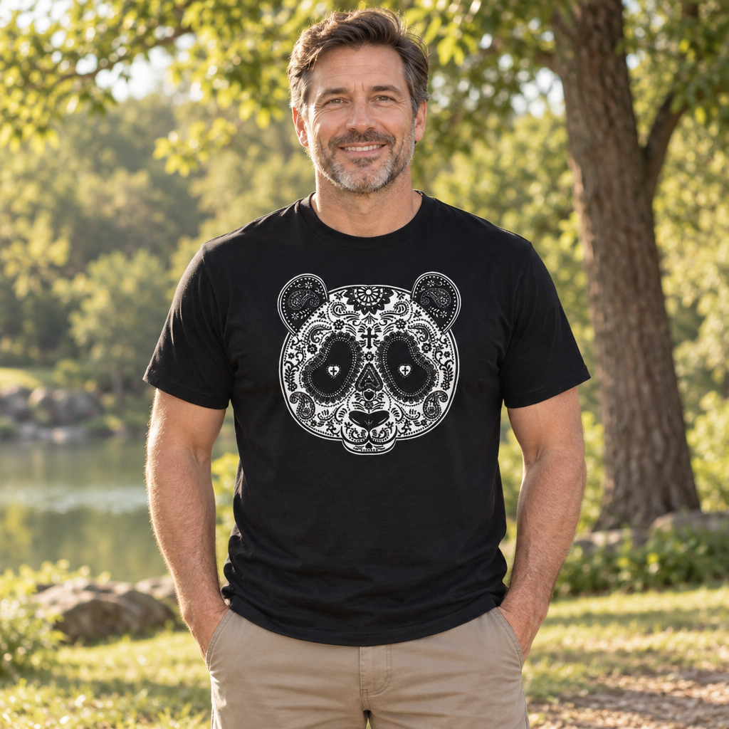 Decorative Panda Skull — Black T-Shirt — lifestyle alt