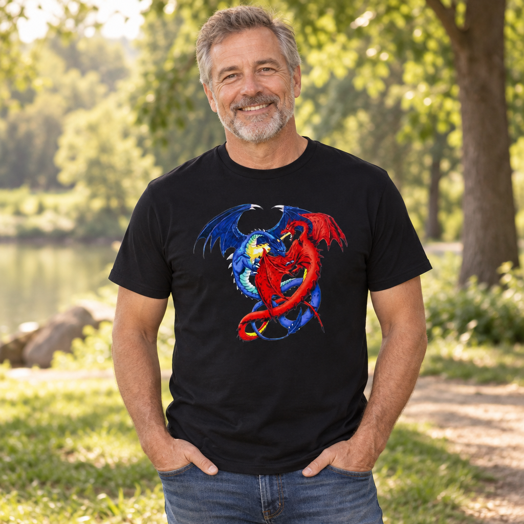 Red and Blue Dragons — Black T-Shirt — lifestyle alt