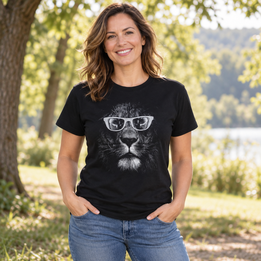 Lion with Glasses — Black T-Shirt — lifestyle alt