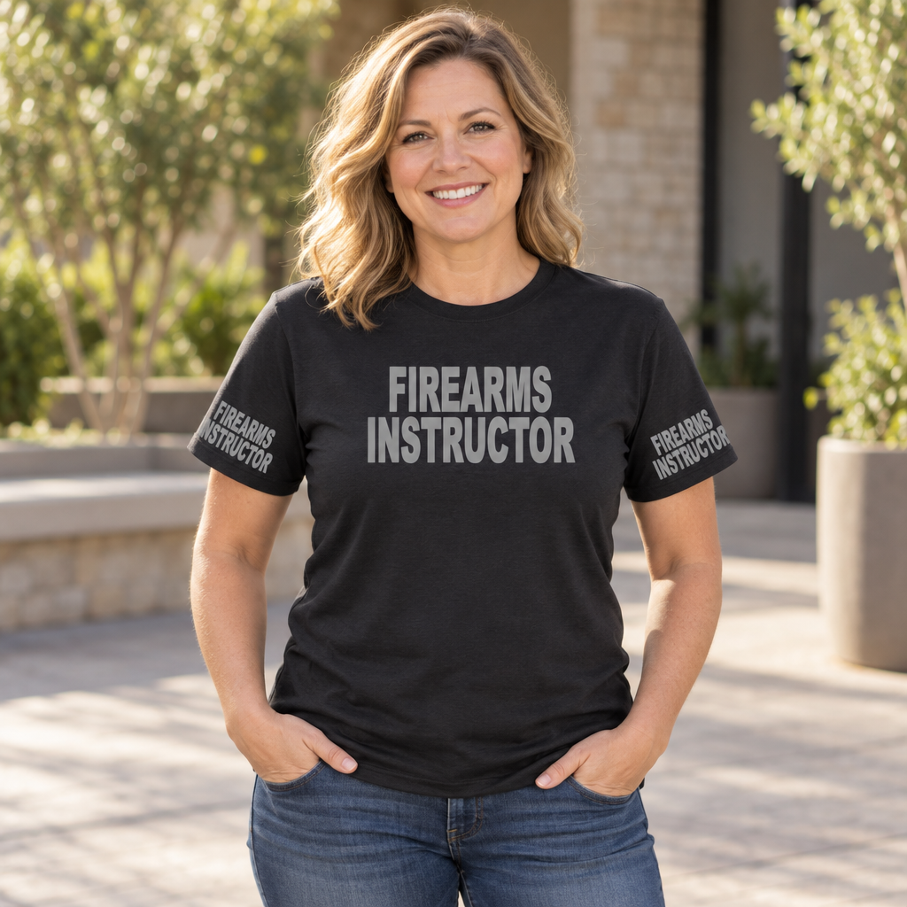 Firearms Instructor Front and Sleeve Print — Black T-Shirt — lifestyle alt