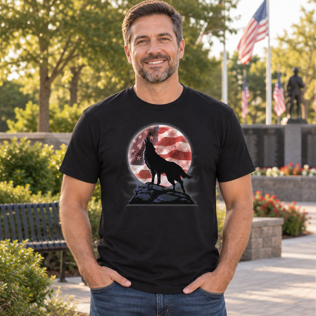 Wolf and American Flag Moon — Black T-Shirt — lifestyle alt