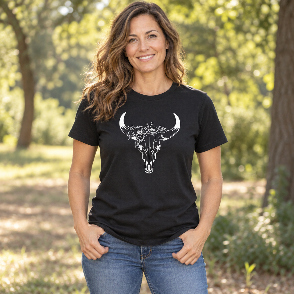 Floral Bull Skull — Black T-Shirt — lifestyle alt