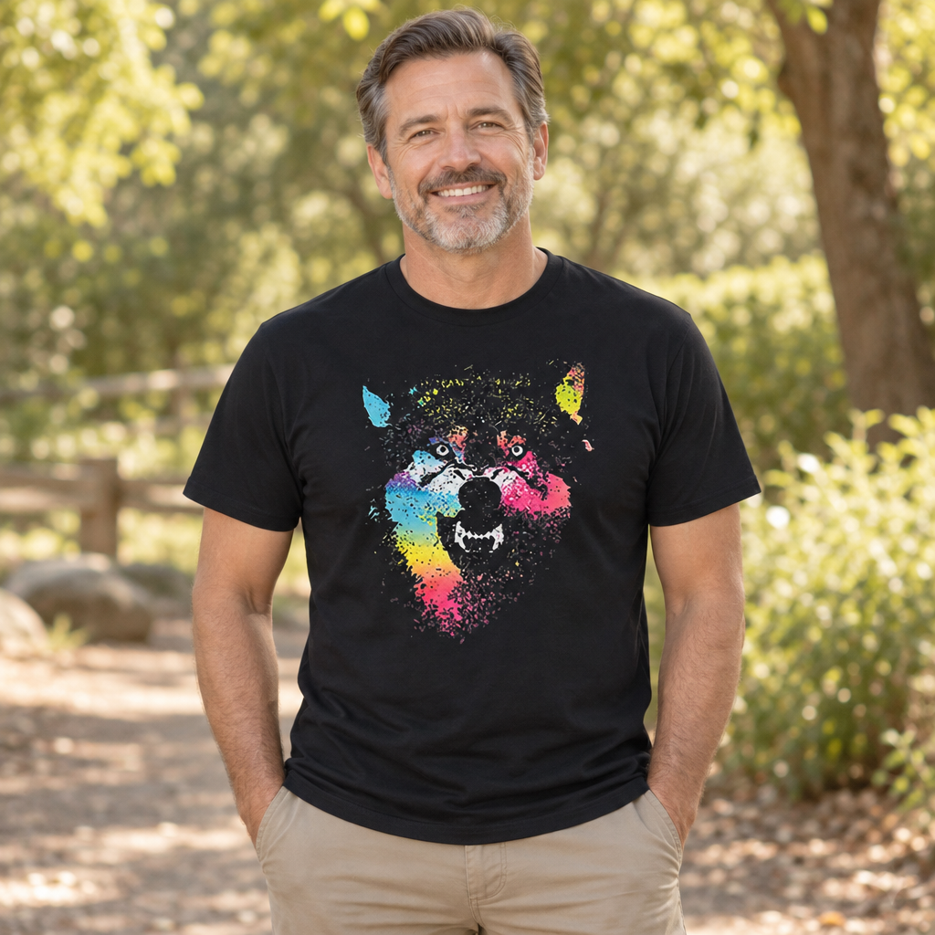 Paint Splatter Wolf — Black T-Shirt — lifestyle alt