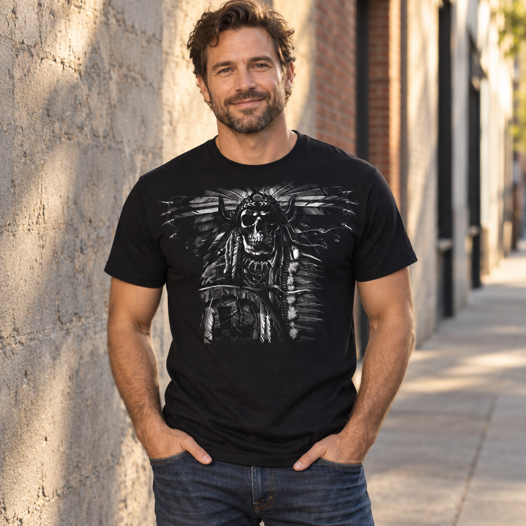 Feathered Skull with Dreamcatcher — Black T-Shirt — lifestyle alt