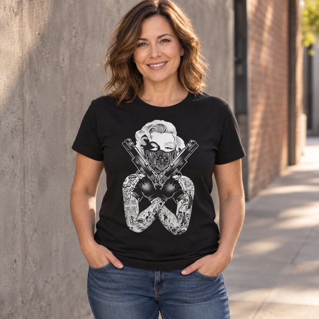 Bandana Portrait with Crossed Pistols — Black T-Shirt — lifestyle alt