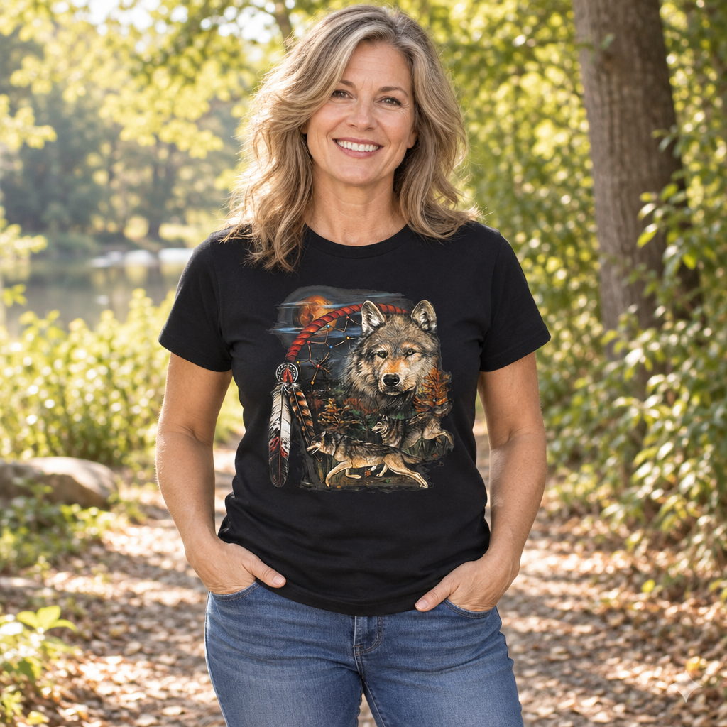 Wolf and Feathers — Black T-Shirt — lifestyle alt