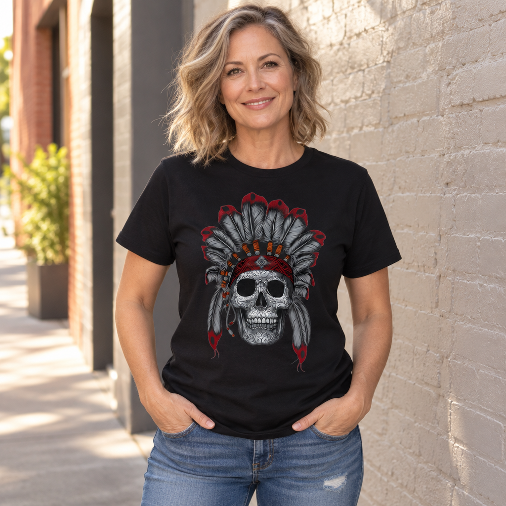 Red and Gray Feathered Skull — Black T-Shirt — lifestyle alt