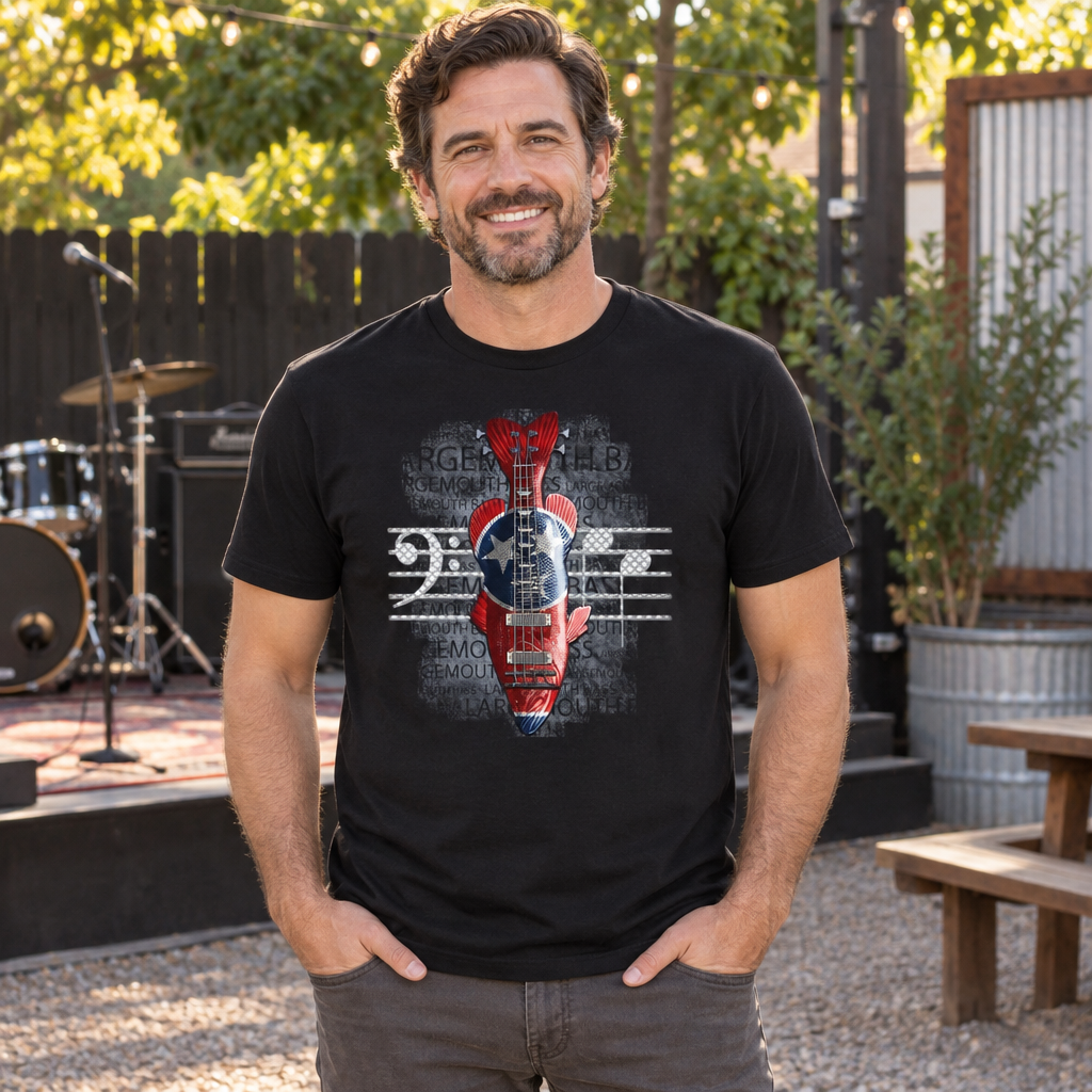 Bass Clef Guitar Skull — Black T-Shirt — lifestyle alt