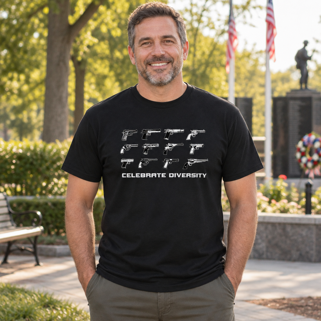 Celebrate Diversity Pistols — Black T-Shirt — lifestyle alt