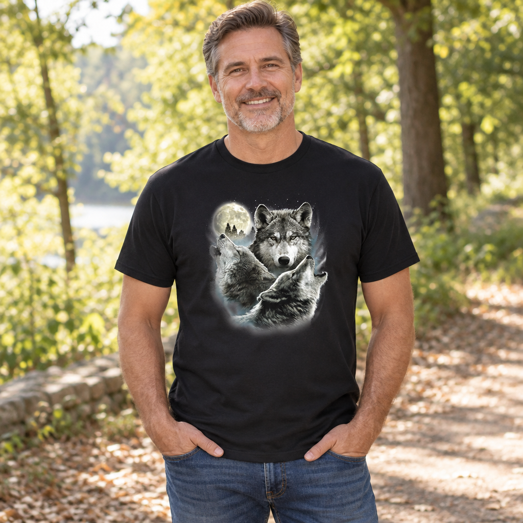 Three Wolves and Moon — Black T-Shirt — lifestyle alt