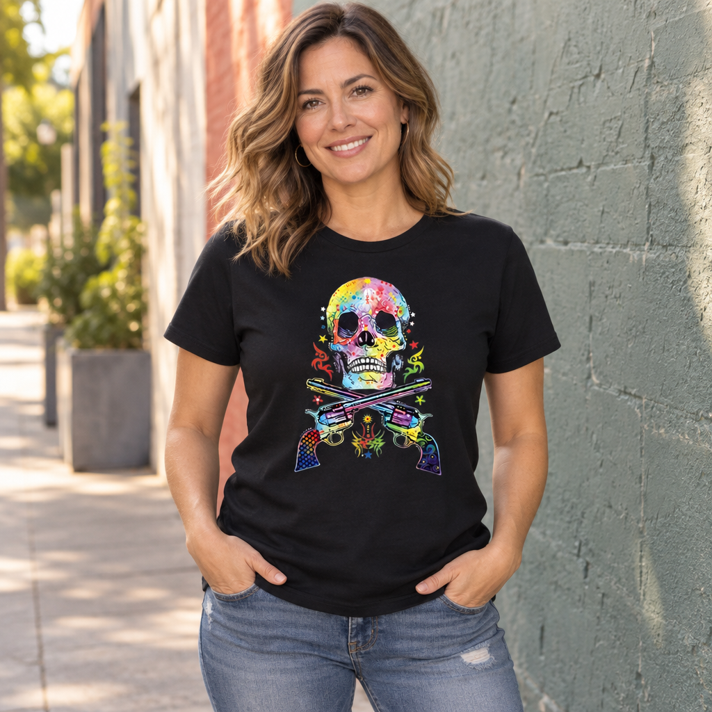 Colorful Skull and Crossed Pistols — Black T-Shirt — lifestyle alt