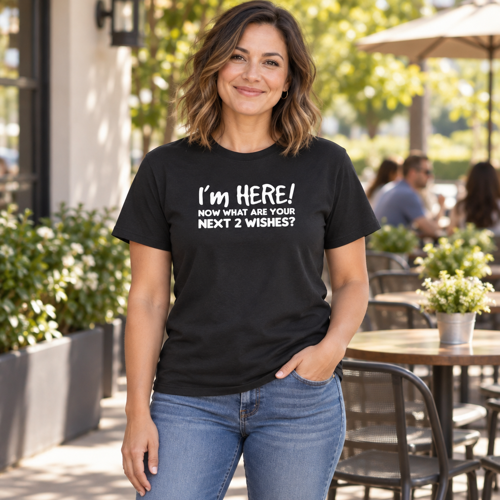 I'm Here Now What Are Your Next Two Wishes — Black T-Shirt — lifestyle alt
