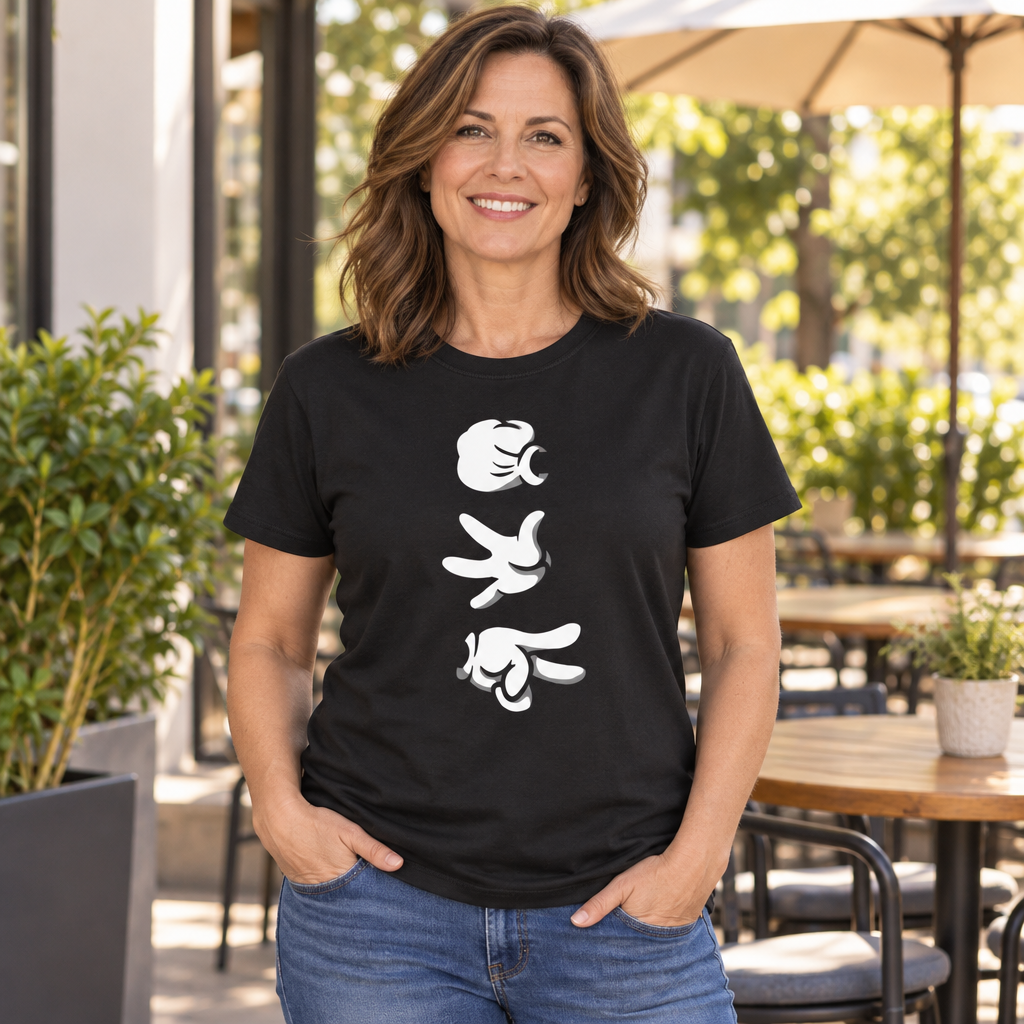 Rock Paper Scissors Cartoon Hands — Black T-Shirt — lifestyle alt