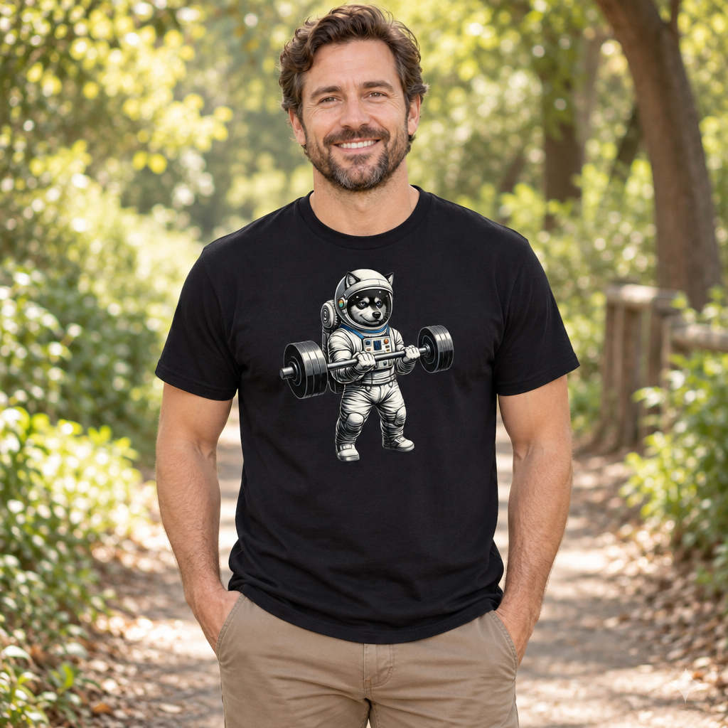 Space Dog Weightlifting — Black T-Shirt — lifestyle alt