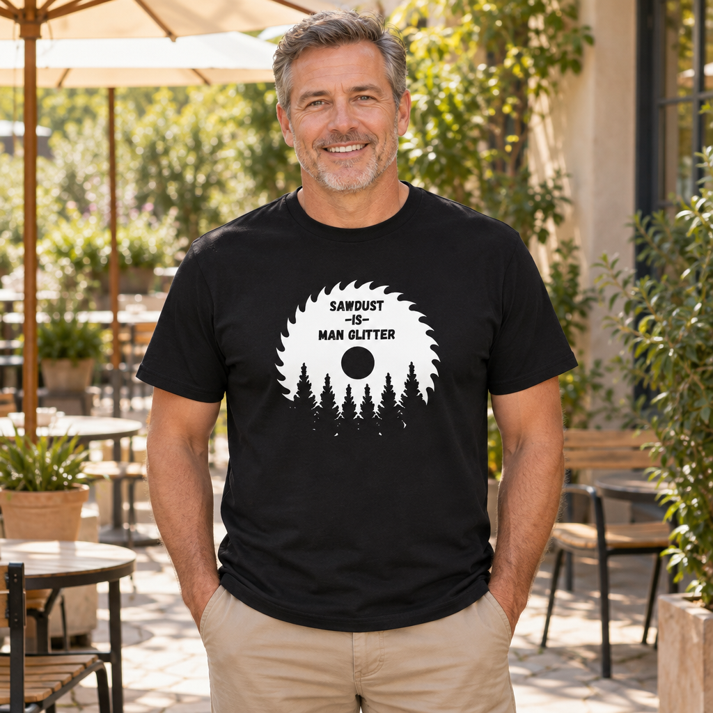 Sawdust Man Glitter Funny Carpenter — Black T-Shirt — lifestyle alt