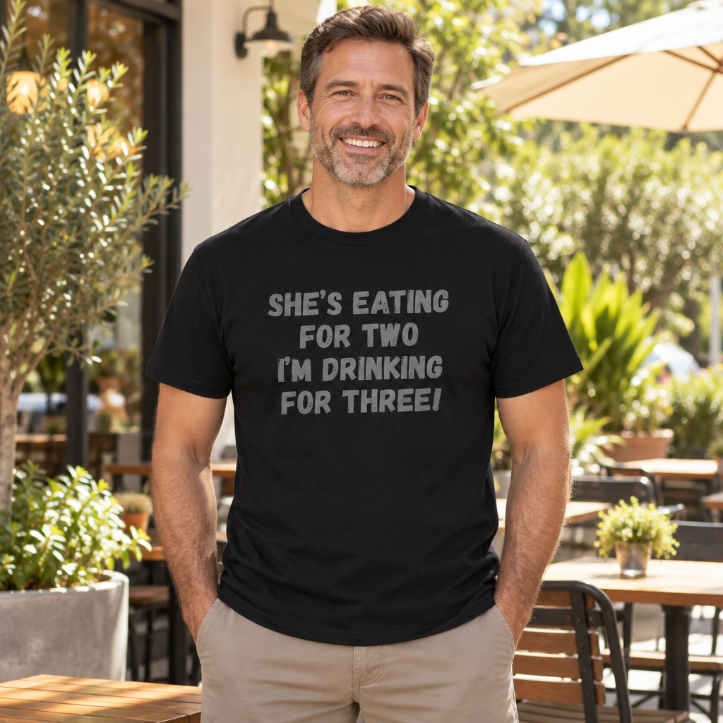 Eating For Two Drinking For Three — Black T-Shirt — lifestyle alt