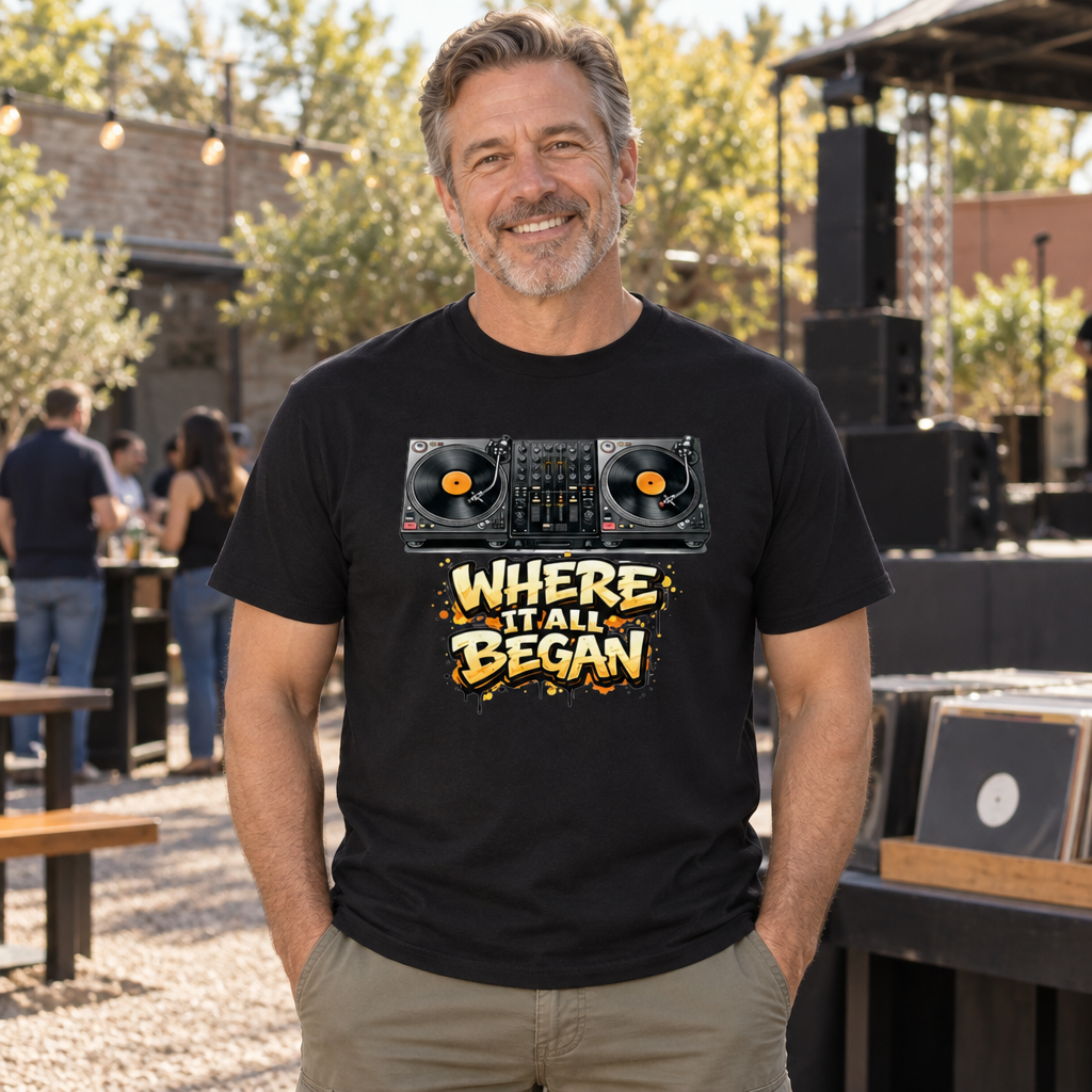 Where It All Began Turntables — Black T-Shirt — lifestyle alt