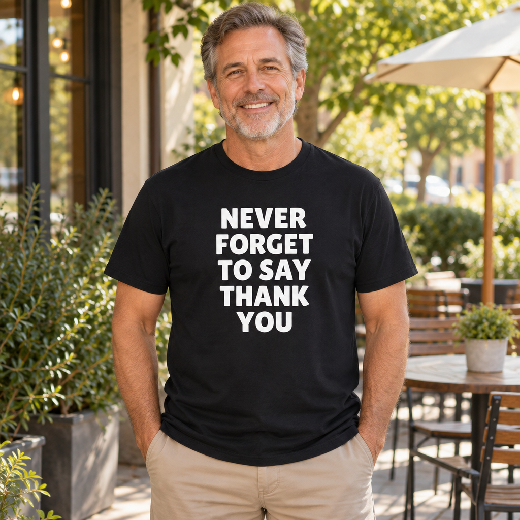Never Forget to Say Thank You — Black T-Shirt — lifestyle alt