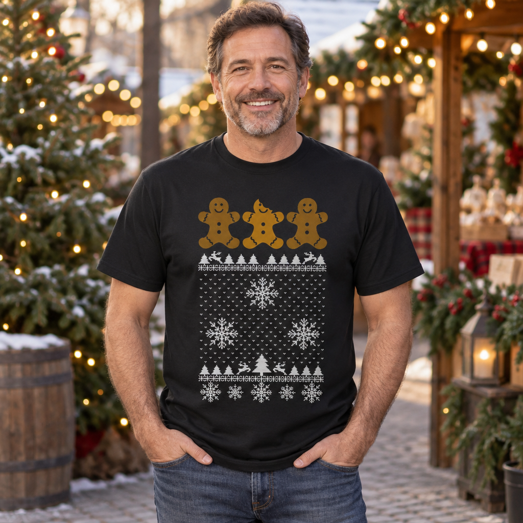 Broken Gingerbread Man Funny Ugly Christmas Sweater Design — Black T-Shirt — lifestyle alt
