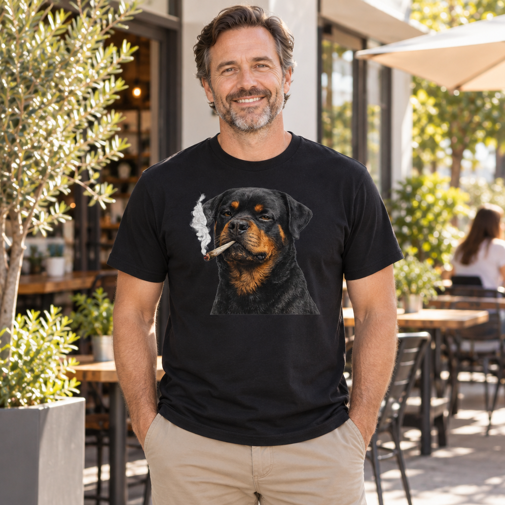 Rottweiler Smoking Weed — Black T-Shirt — lifestyle alt