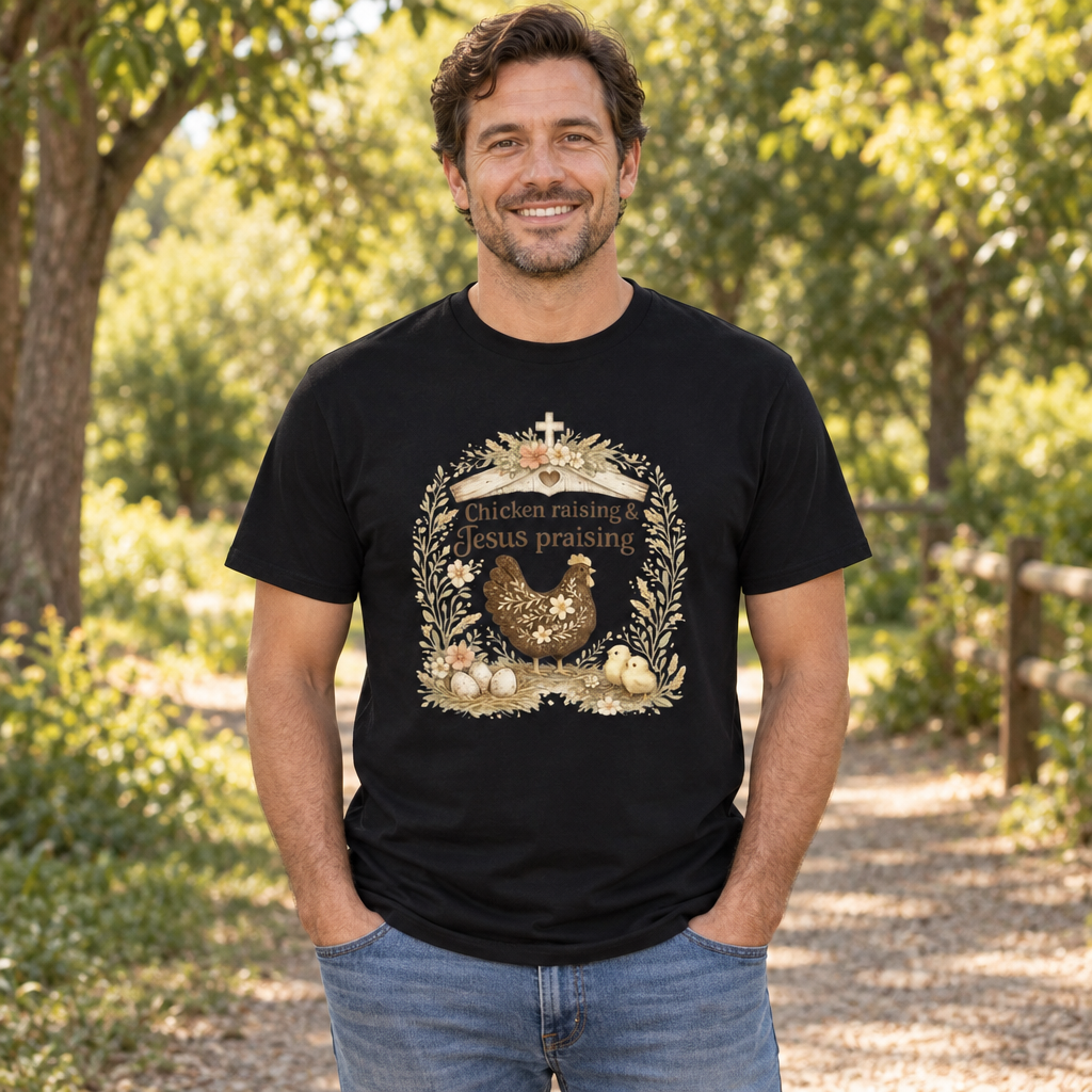 Chicken Raising Praising — Black T-Shirt — lifestyle alt