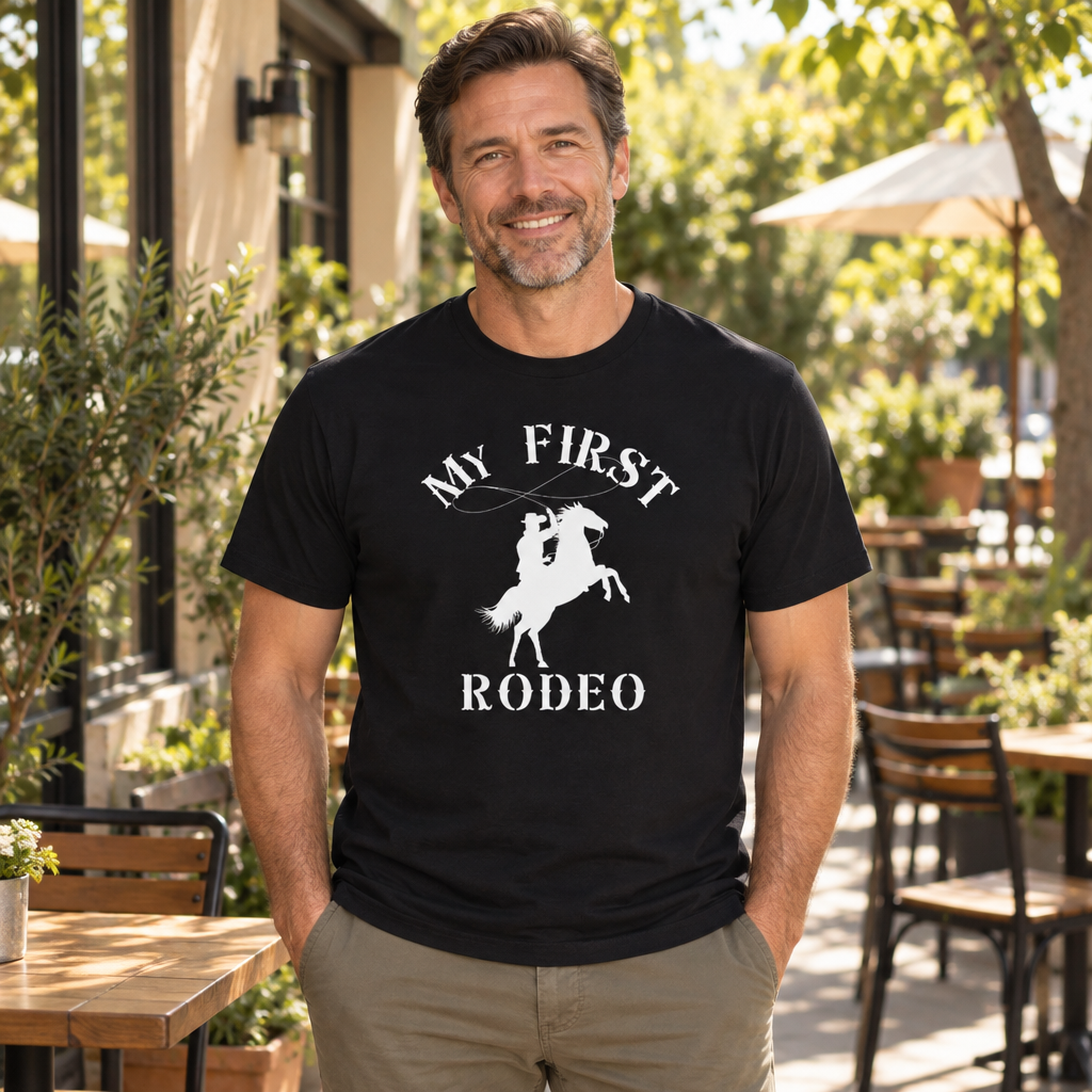 My First Rodeo — Black T-Shirt — lifestyle alt