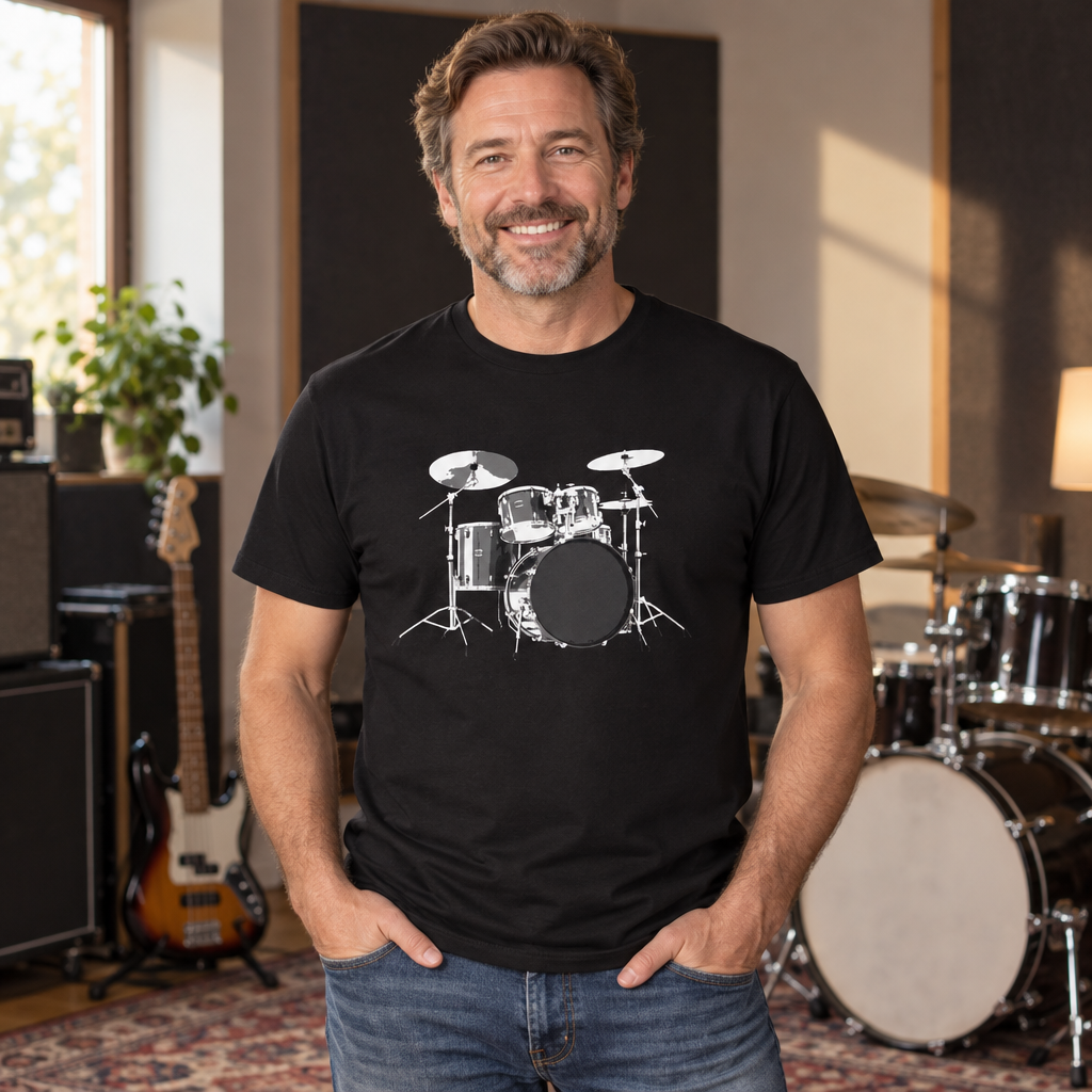 Drum Kit Illustration — Black T-Shirt — lifestyle alt