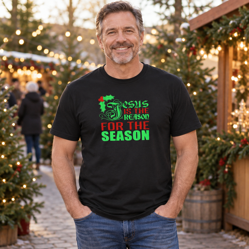 Jesus Is The Reason For The Season Christian Christmas — Black T-Shirt — lifestyle alt