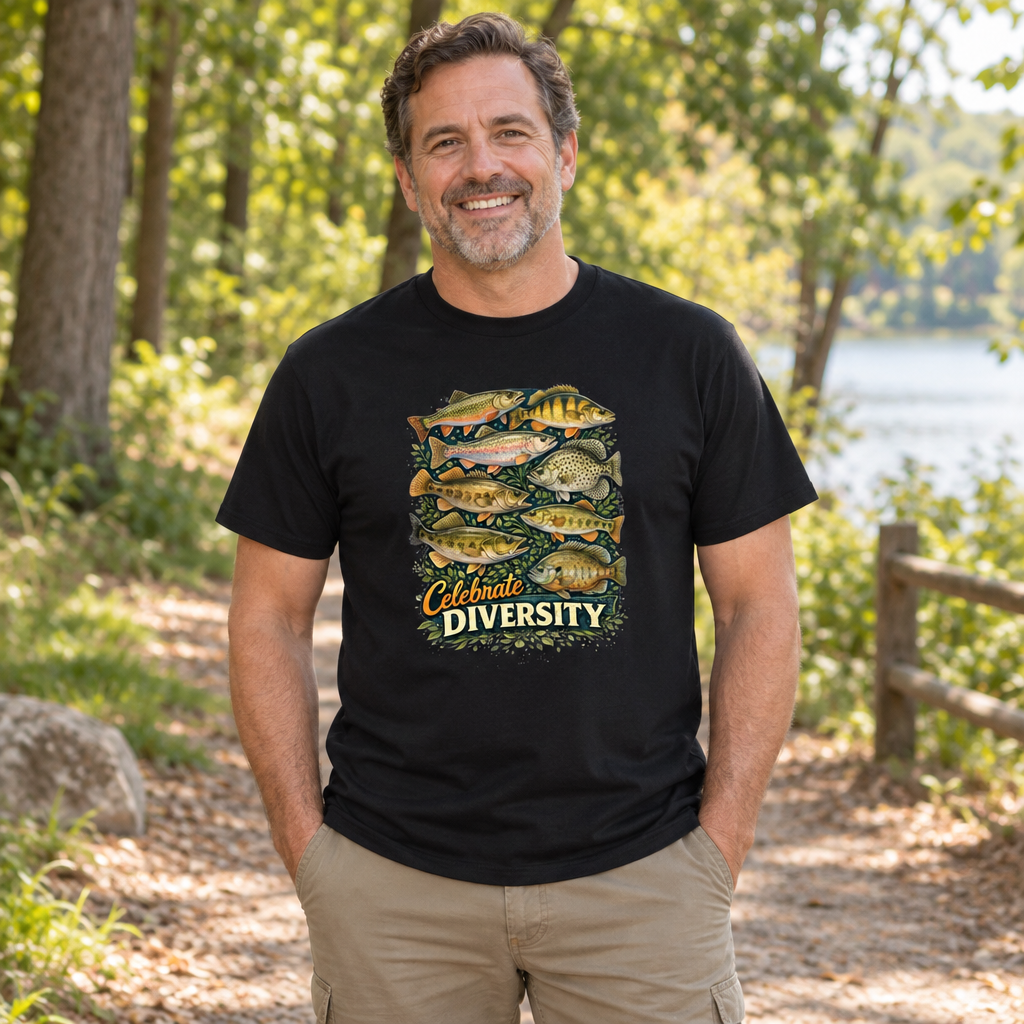 Fishing Shirt Men Celebrate Diversity Freshwater Fish — Black T-Shirt — lifestyle alt
