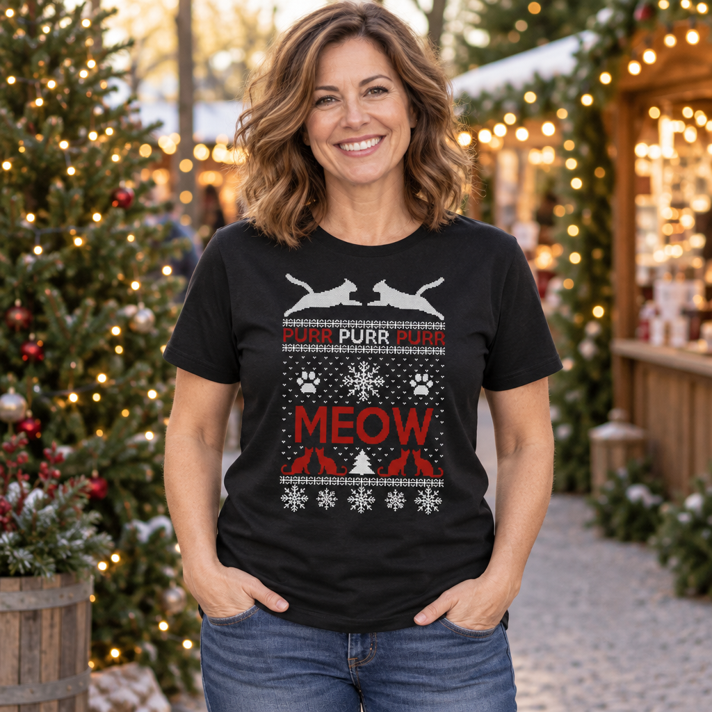 Cats Meow and Purr Ugly Christmas Sweater Design — Black T-Shirt — lifestyle alt