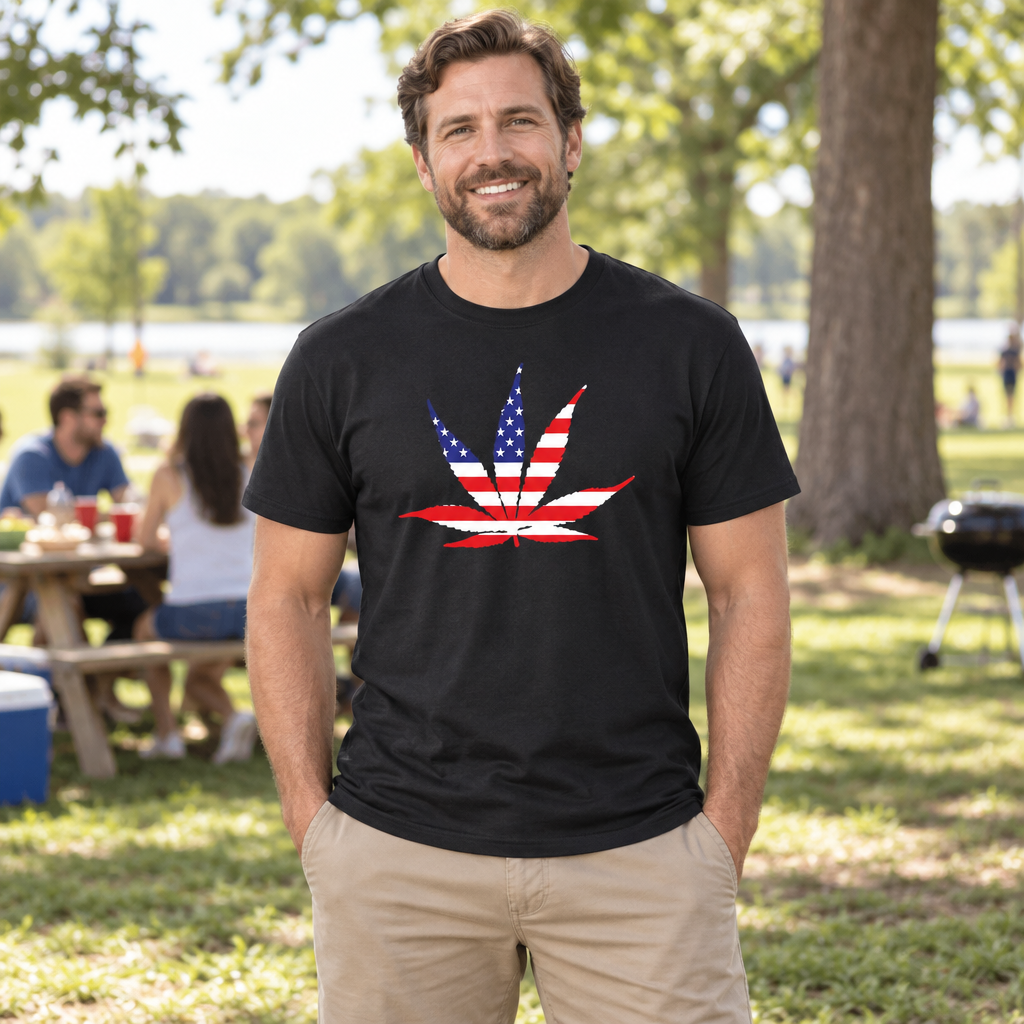 American Flag Cannabis Leaf — Black T-Shirt — lifestyle alt