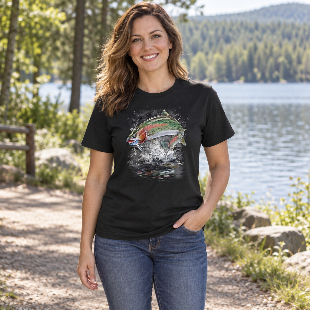 Jumping Rainbow Trout — Black T-Shirt — lifestyle alt